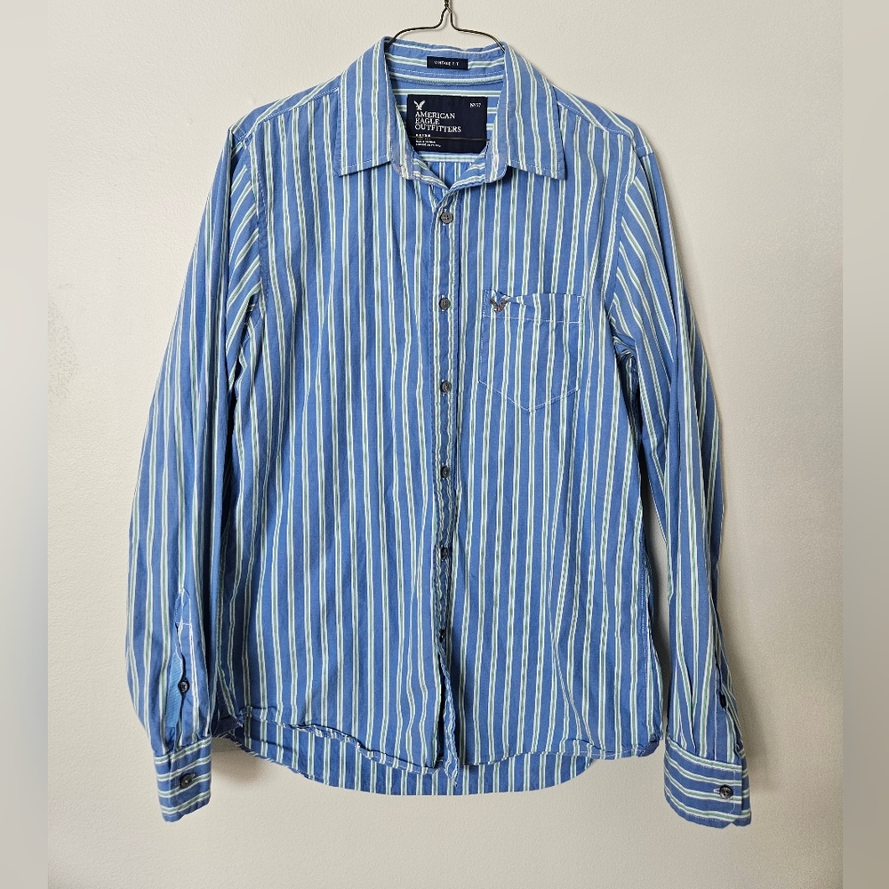 American Eagle Outfitters Vintage Fit Mens Medium Blue/Green Striped Button Down